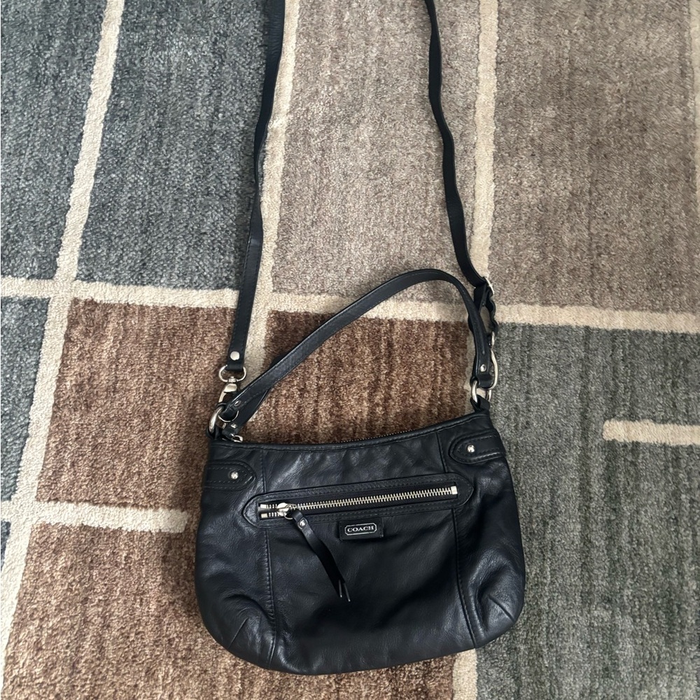Coach Black Leather Small Crossbody Bag with Front Zip